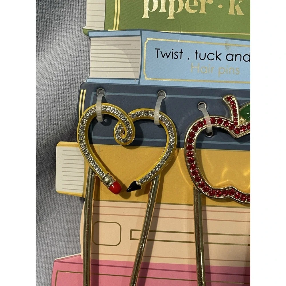 NEW Set of 2 Teacher Themed Tuck Twist & Go Hair Pins - Piper K - Apple & Pencil